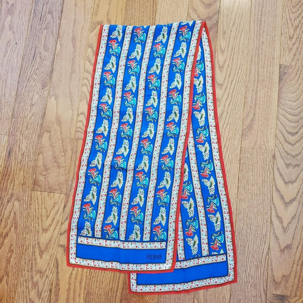 Vintage Bill Blass Designer Scarf, Rectangular Blue Red Small Floral Light Flowy